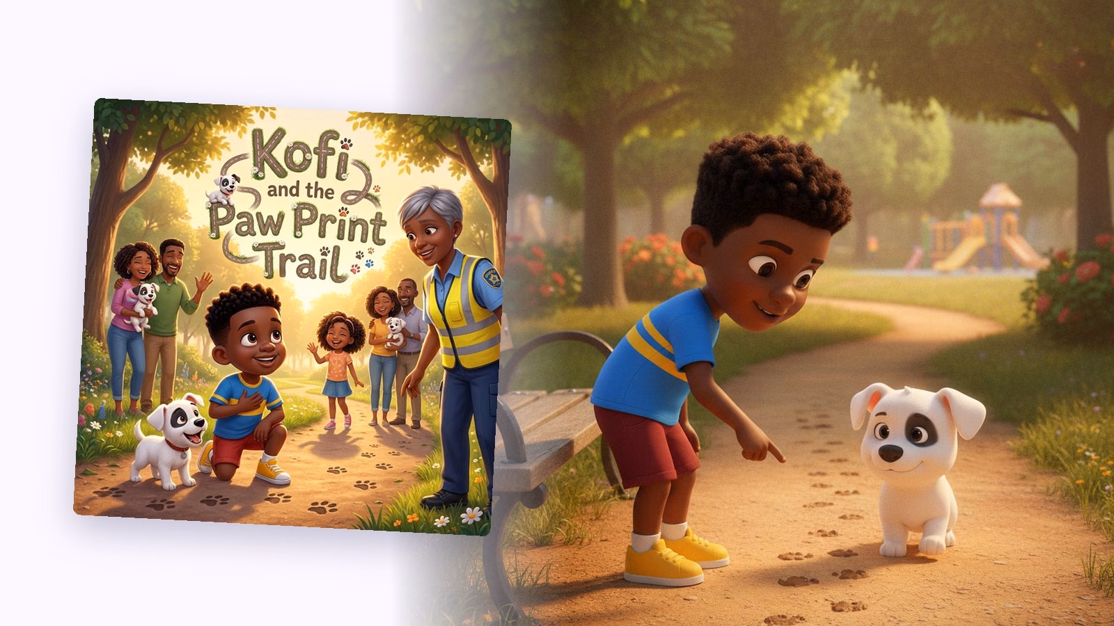 The cover of Kofi and the Paw Print Trail, a real Story Genie book, beside a page where Kofi points out paw prints on a park path.