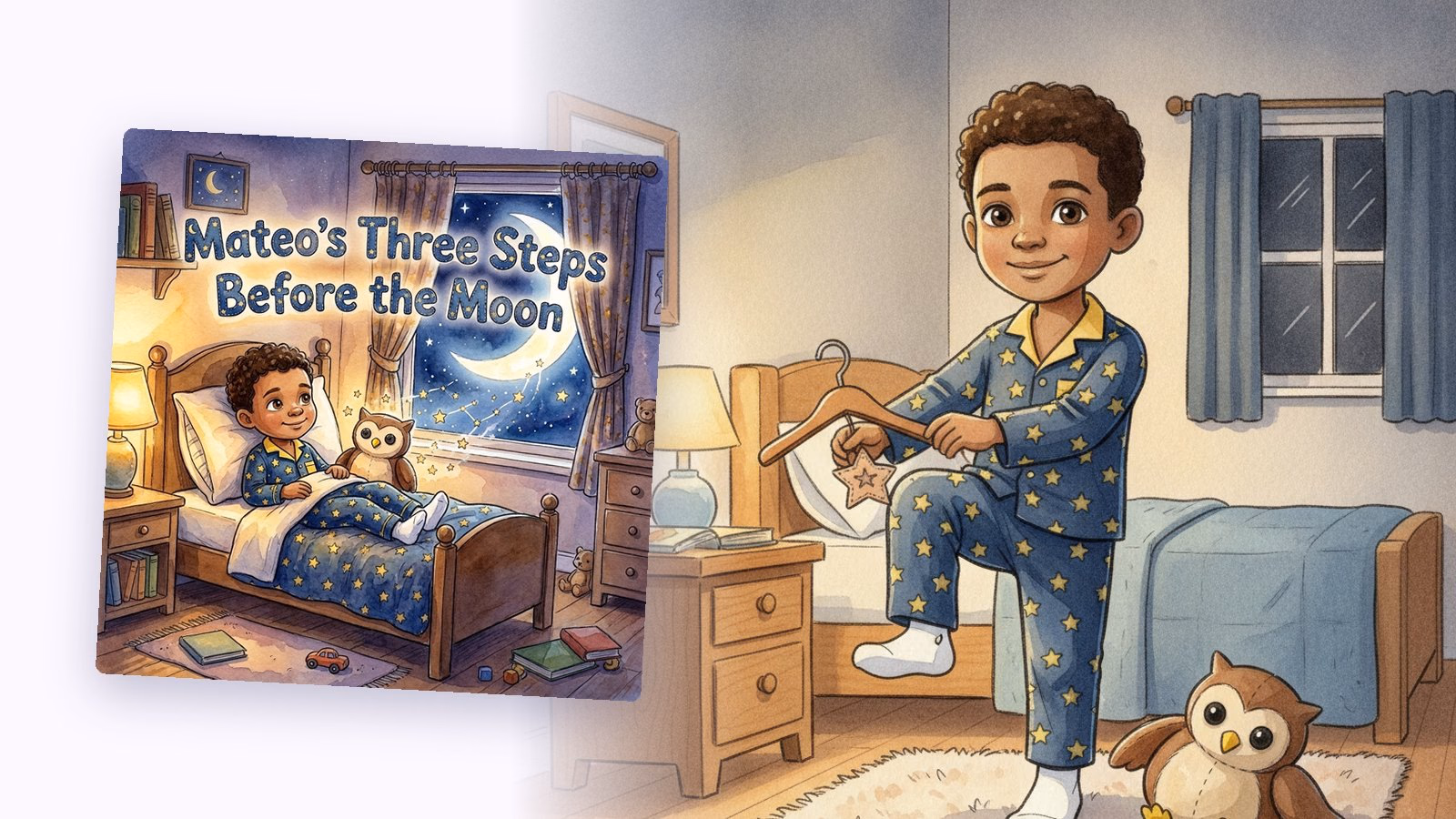The cover of Mateo's Three Steps Before the Moon, a real Story Genie bedtime book, beside a page of Mateo getting ready for bed in star pajamas.