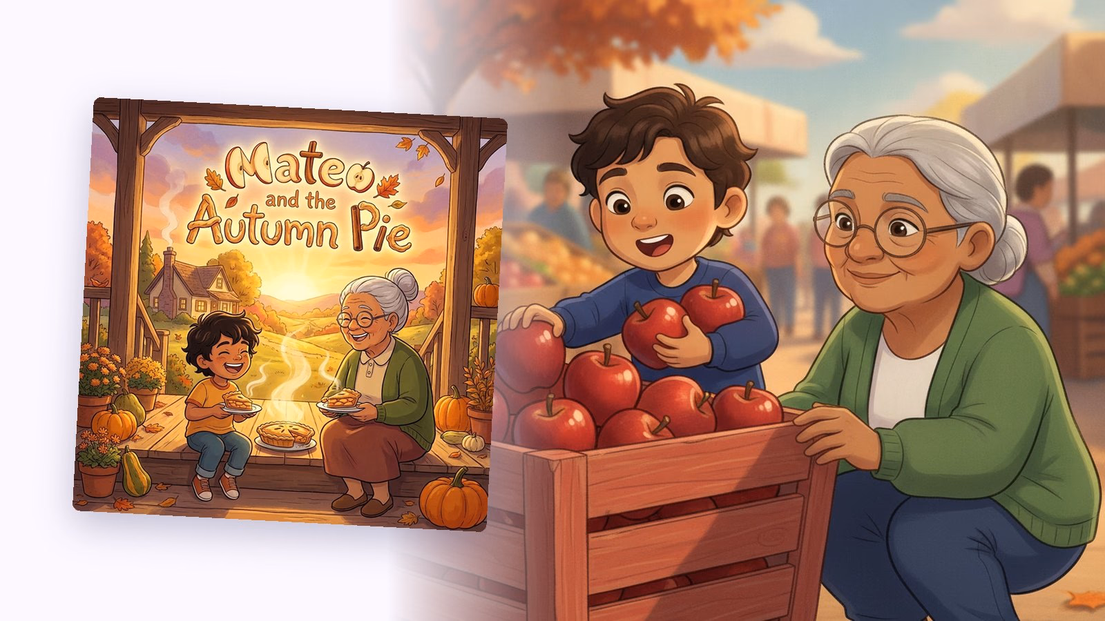 The cover of Mateo and the Autumn Pie, a real Story Genie book, beside a page of Mateo and his grandmother picking apples at a market.