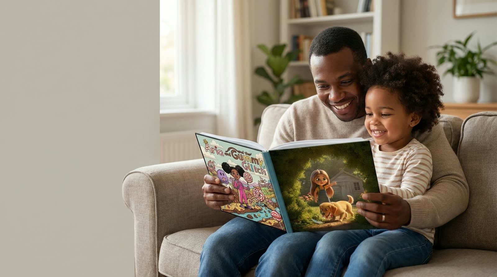 A mother and her young child reading a personalized Story Genie hardcover together at home