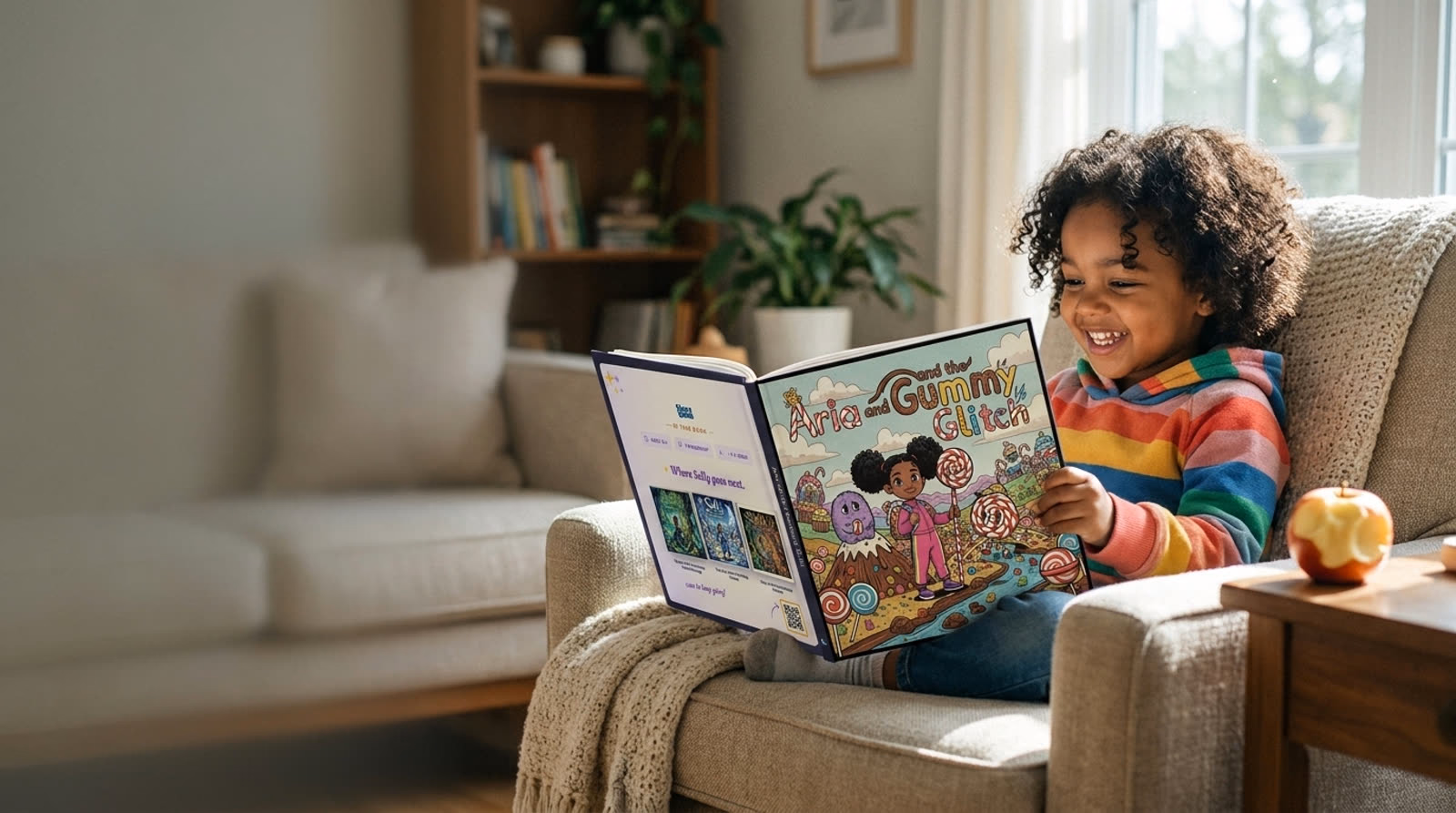 A child reading an open personalized Story Genie hardcover book at home