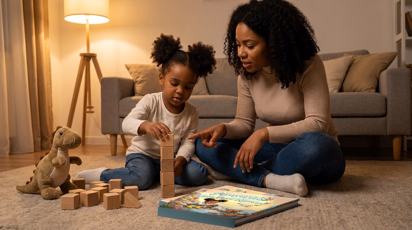 A mom and her young daughter playing with wooden blocks on the living room floor, her personalized Story Genie hardcover beside them
