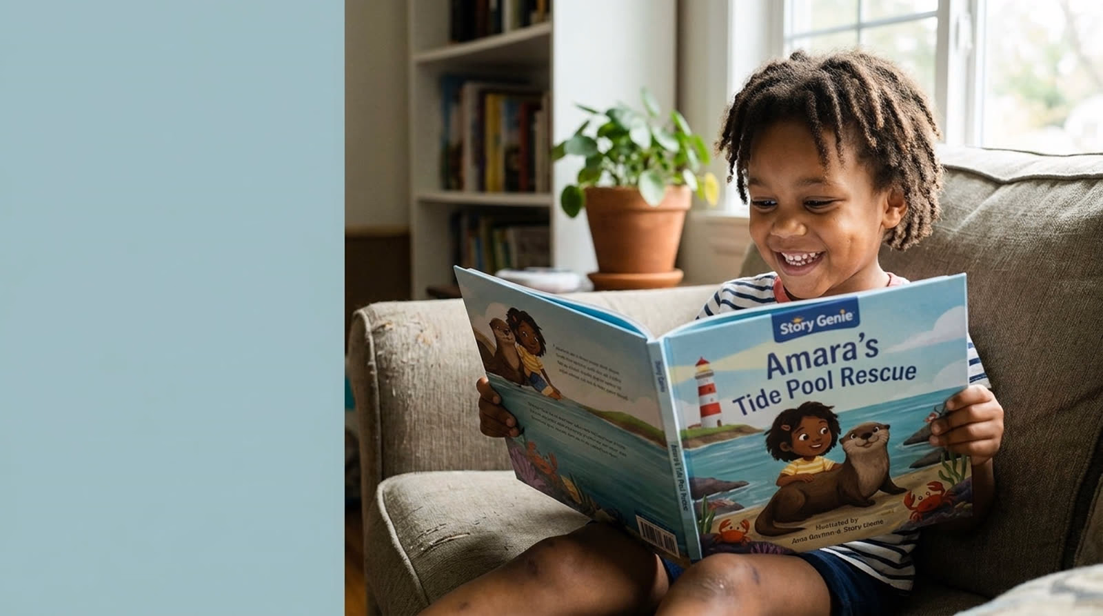 A child reading their personalized Story Genie hardcover book at home