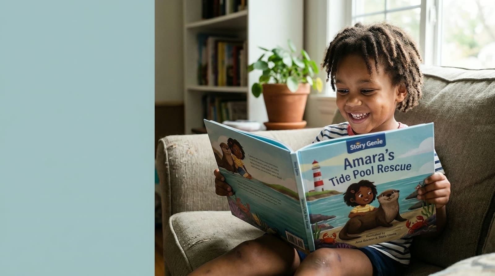 A child reading their personalized Story Genie hardcover book at home