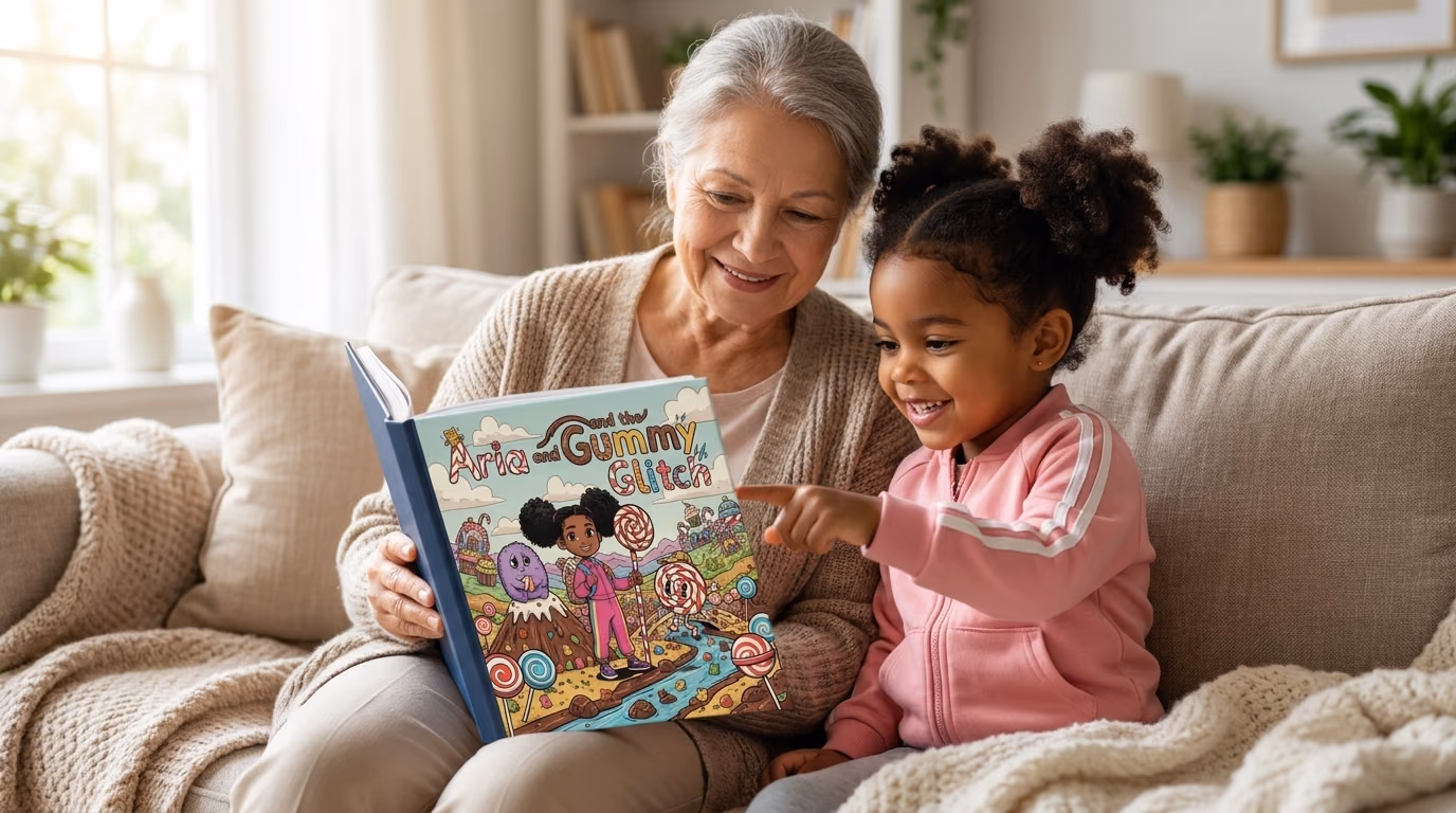 A parent and child reading a book together on a couch, with a warm and cozy feeling.