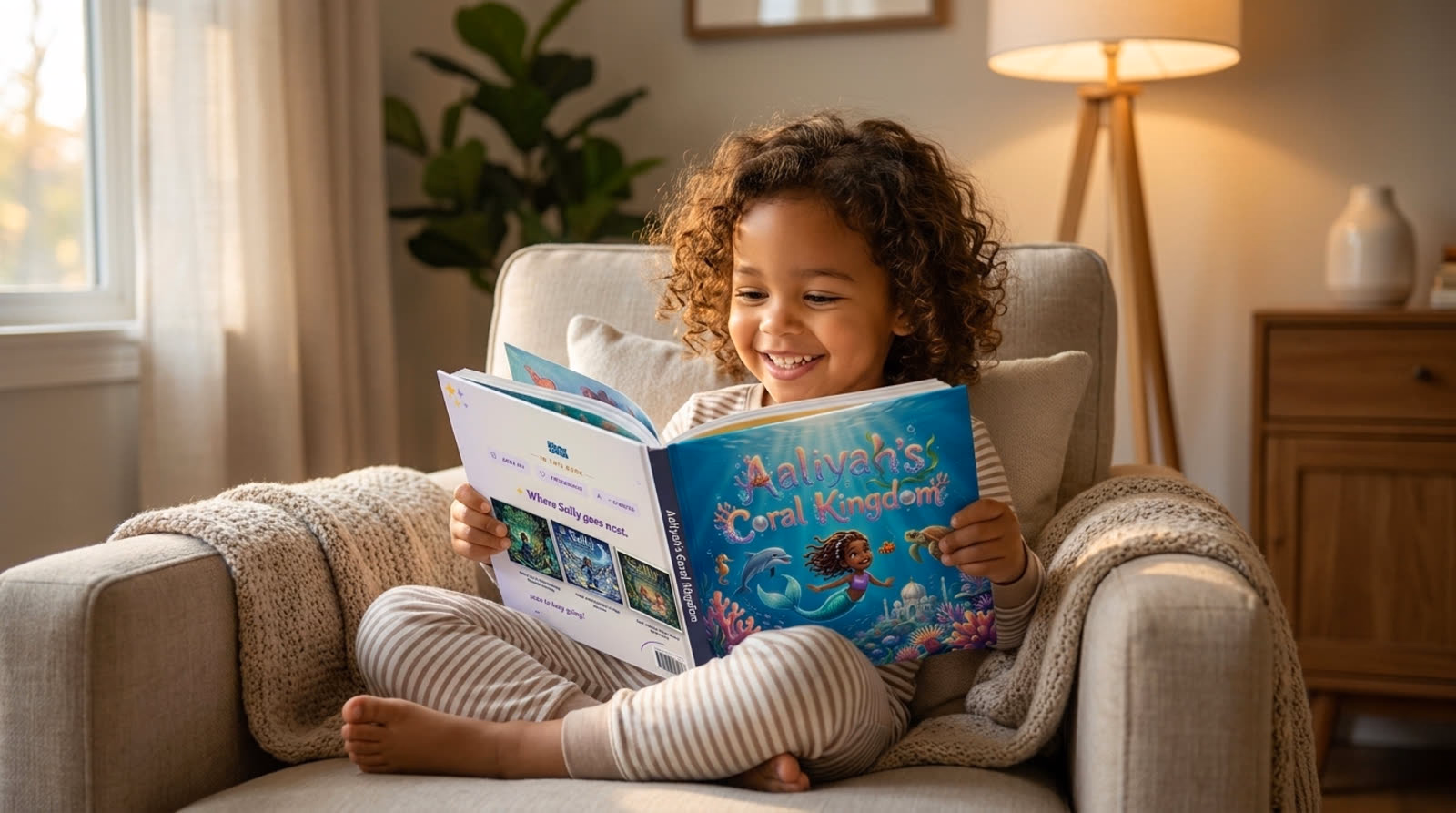A young child smiling as they read an open personalized Story Genie hardcover book