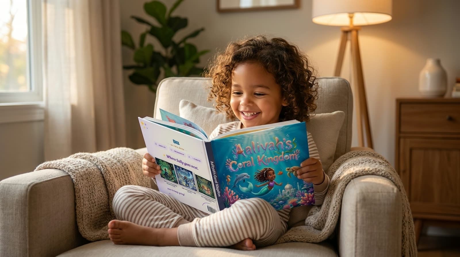 A young child smiling as they read an open personalized Story Genie hardcover book