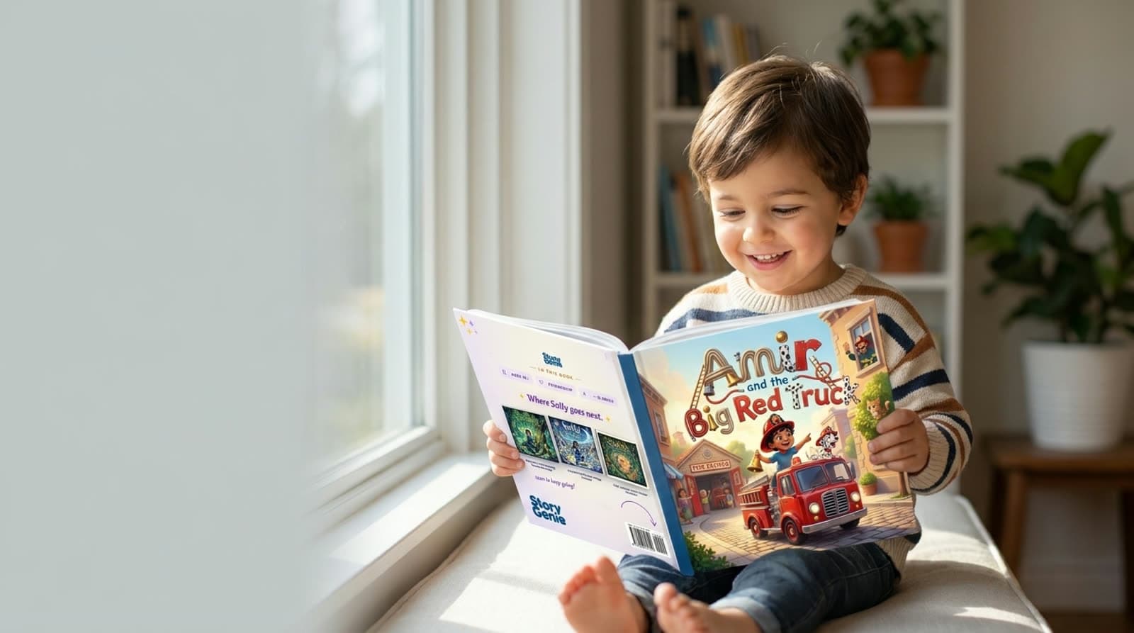 A young child smiling as they read an open personalized Story Genie hardcover book