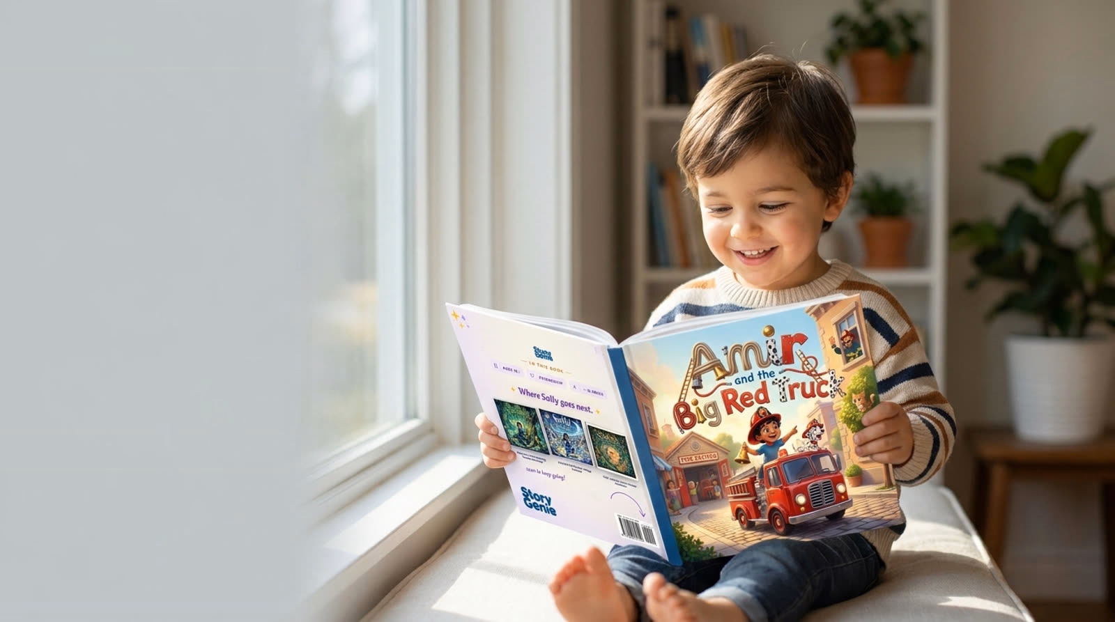 A young child smiling as they read an open personalized Story Genie hardcover book