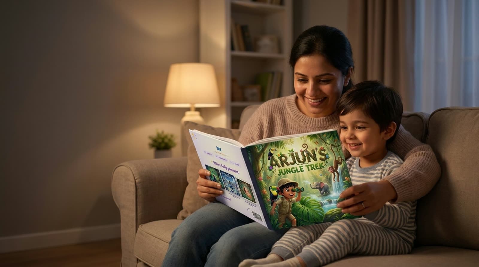 A parent and young child snuggled together reading a personalized Story Genie hardcover