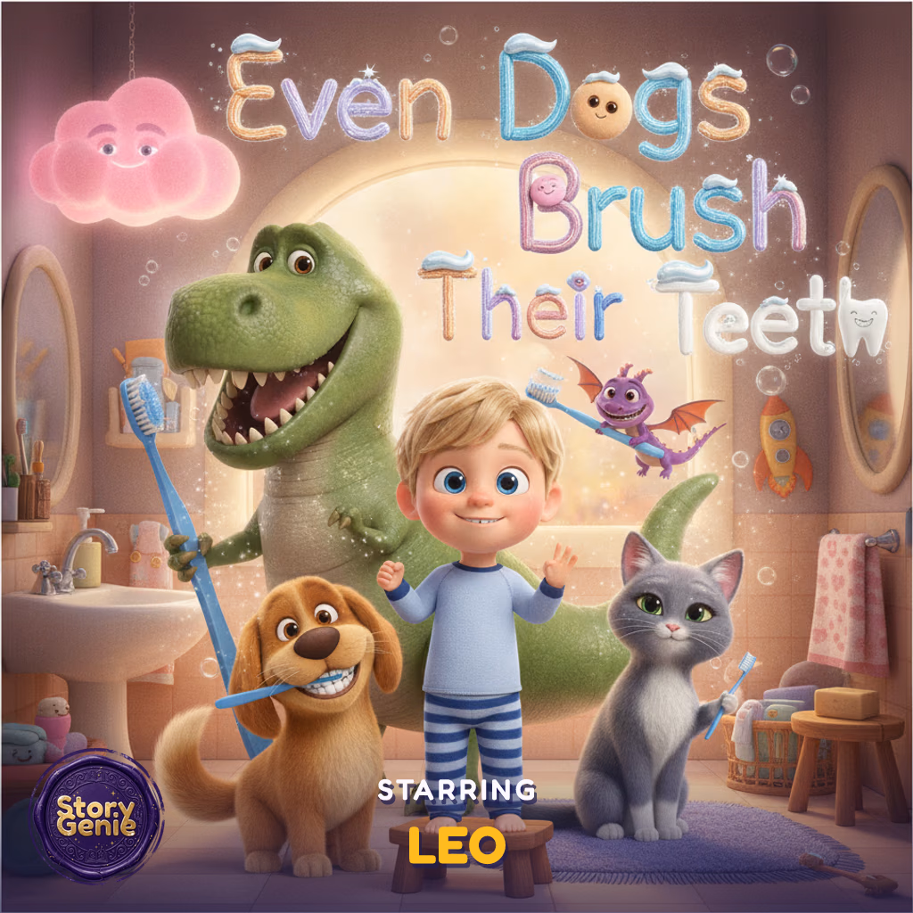 Cover of Even Dogs Brush Their Teeth, a Story Genie book showing Leo with his dog, cat, dinosaur, and dragon friends holding toothbrushes in a cozy bathroom
