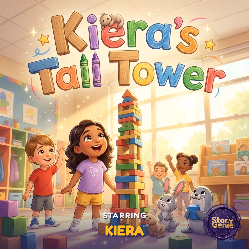 Cover of Kiera's Tall Tower, a Story Genie book showing Kiera beaming beside a tall tower of colorful blocks in a sunny kindergarten classroom