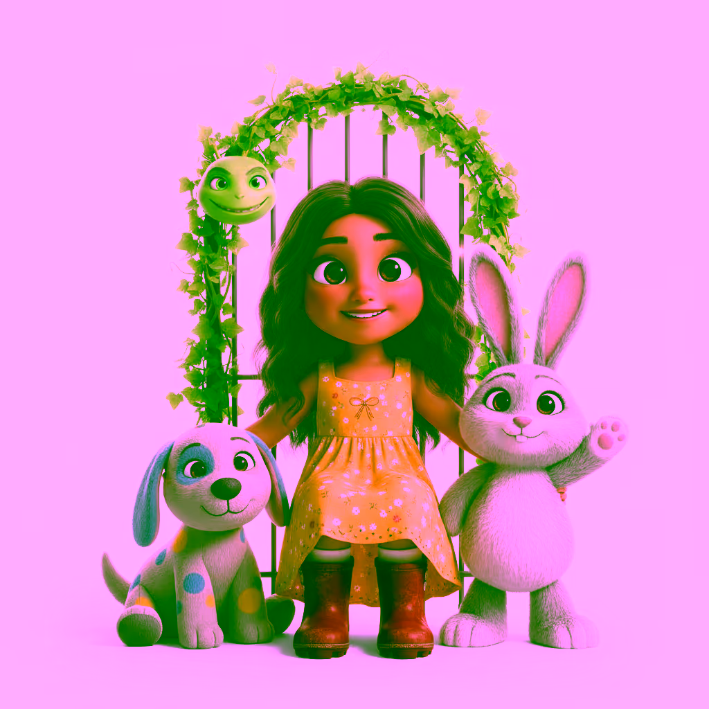 Kiera as her illustrated storybook character, her stuffed bunny and grey puppy drawn in beside her