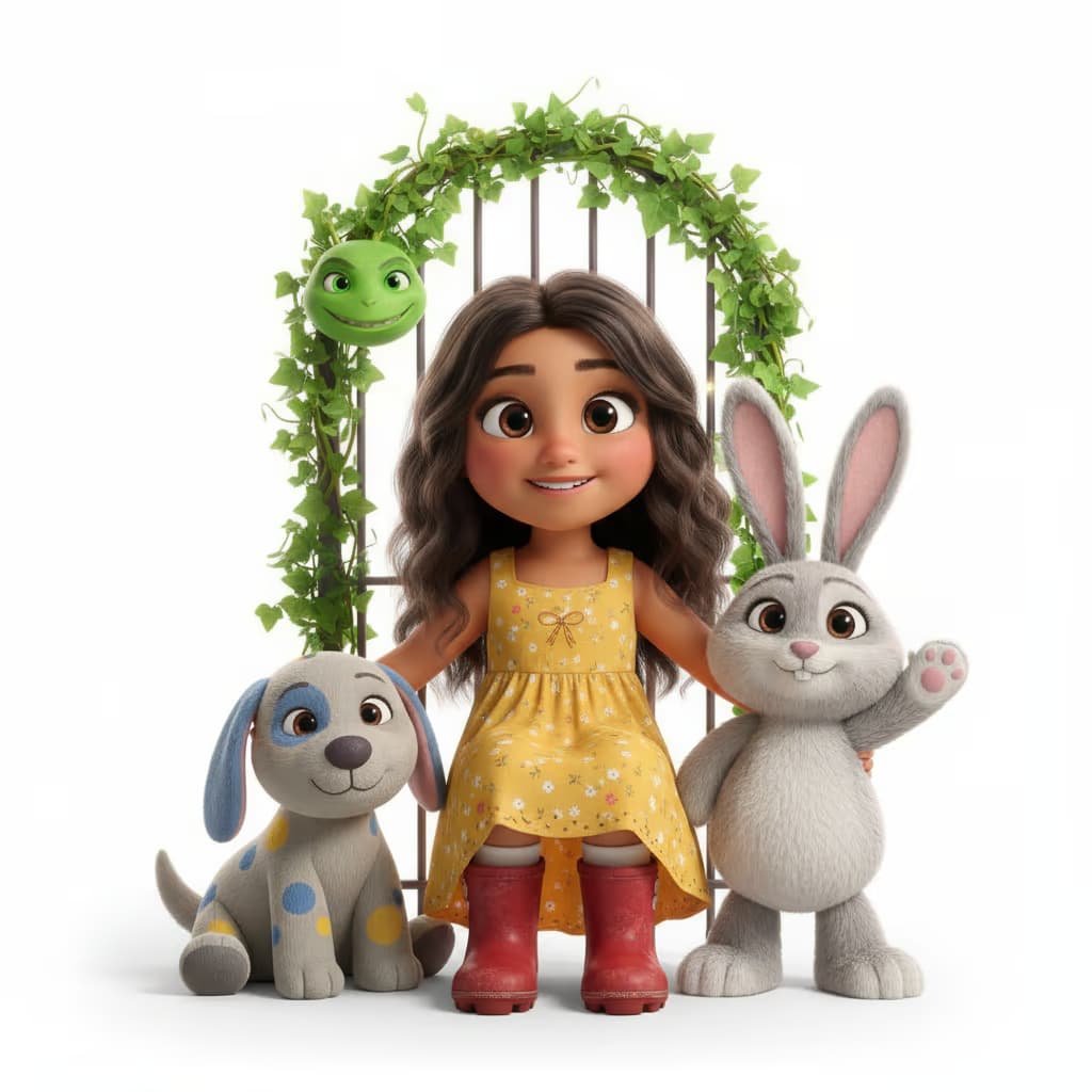 Kiera as her illustrated storybook character, her stuffed bunny and grey puppy drawn in beside her