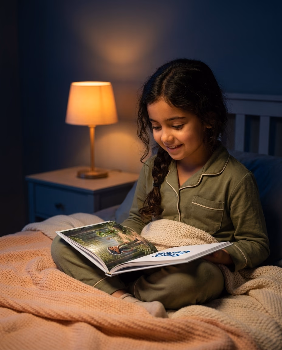 Cozy nursery, child being read to from a Story Genie hardcover