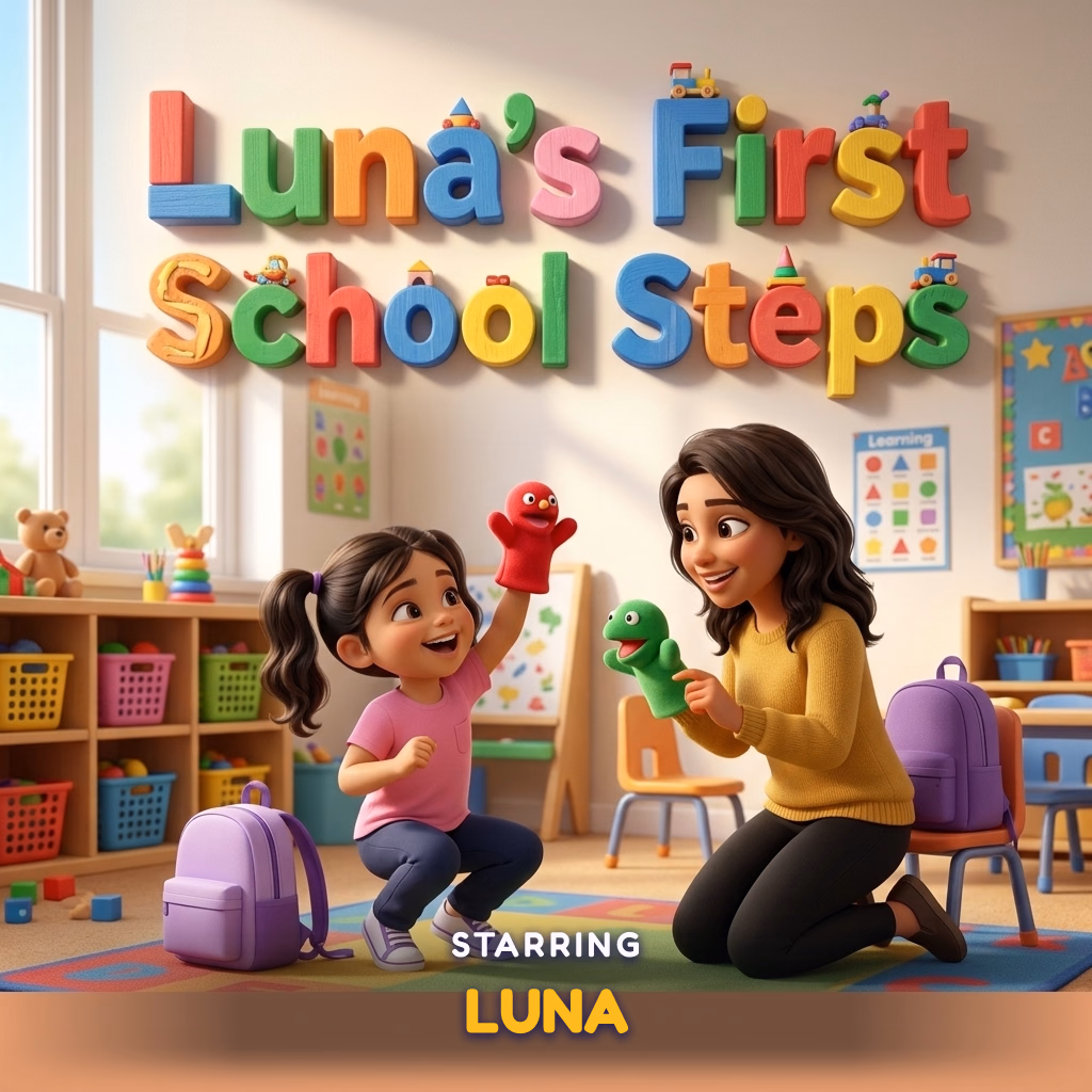 The personalized Story Genie hardcover 'Luna's First School Steps', starring the girl and her mom from the photo