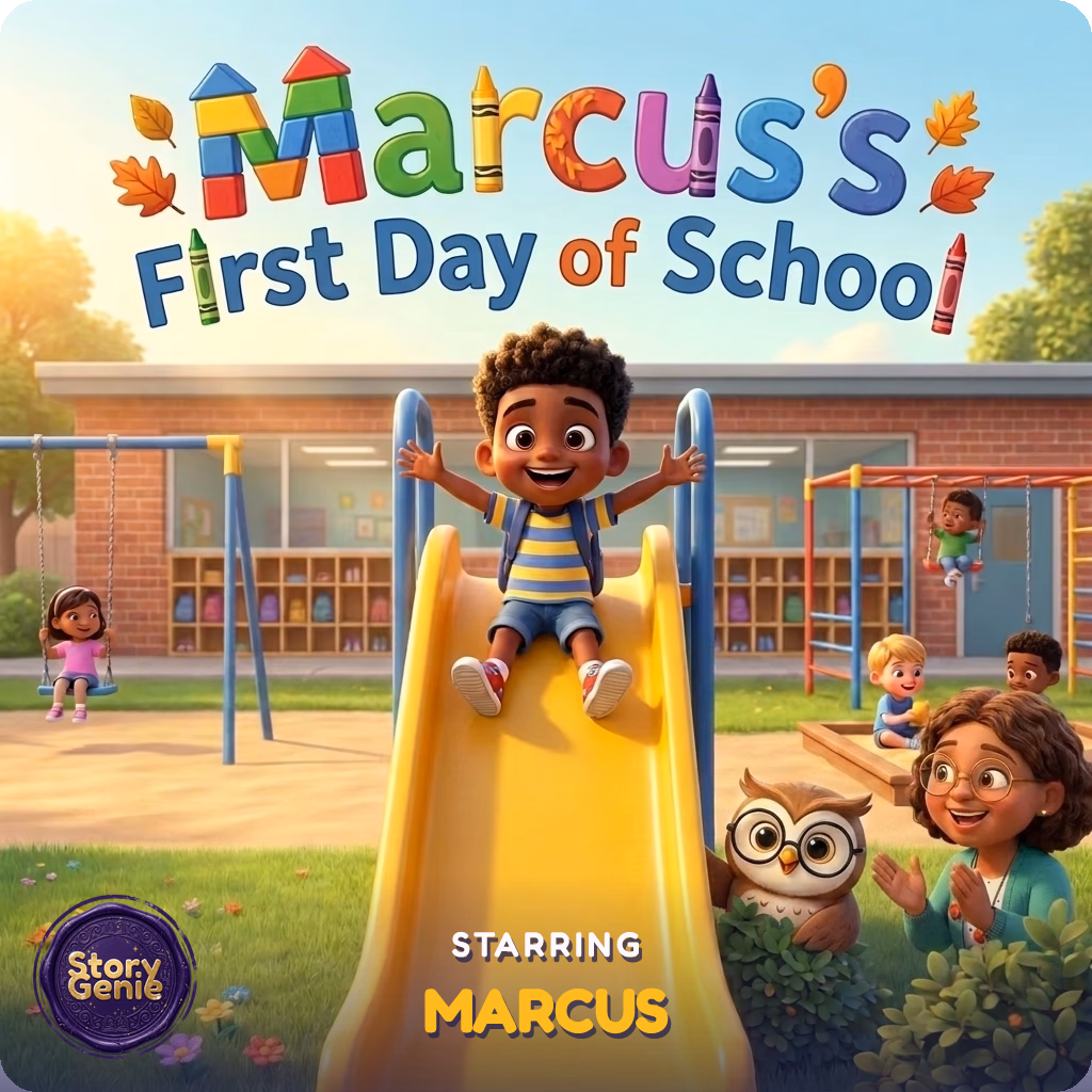 The personalized Story Genie hardcover 'Marcus's First Day of School', starring the boy from the photo