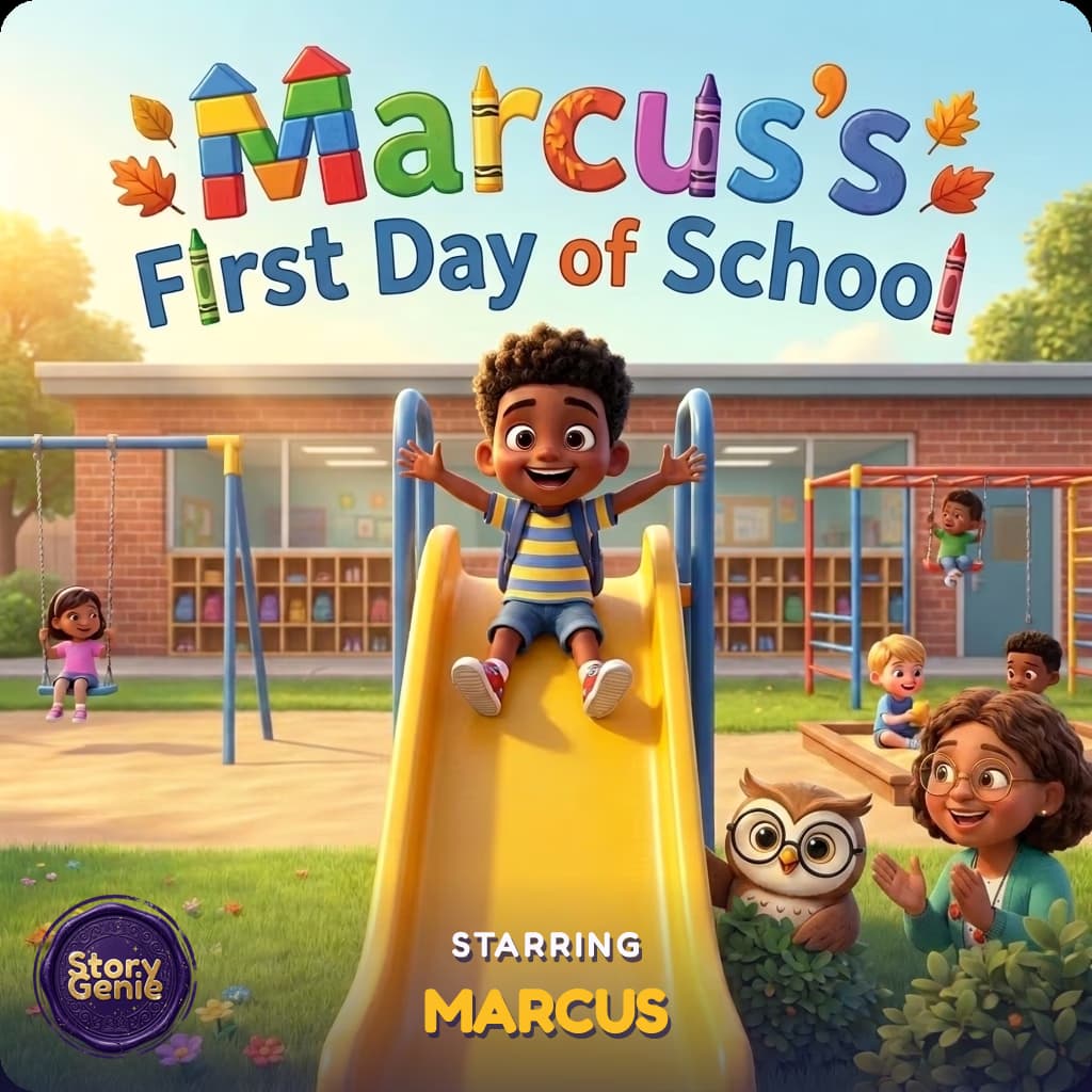 The personalized Story Genie hardcover 'Marcus's First Day of School', starring the boy from the photo
