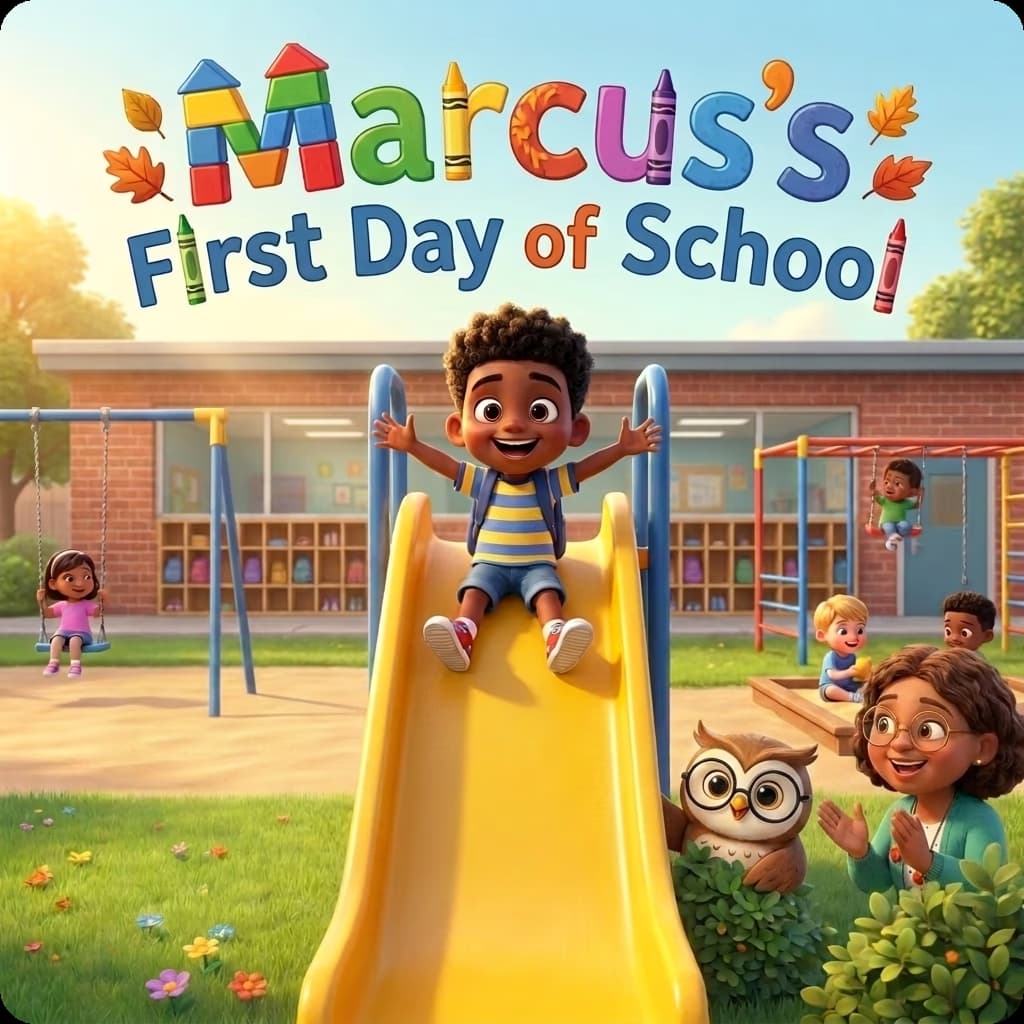 The personalized Story Genie hardcover 'Marcus's First Day of School', starring the boy from the photo