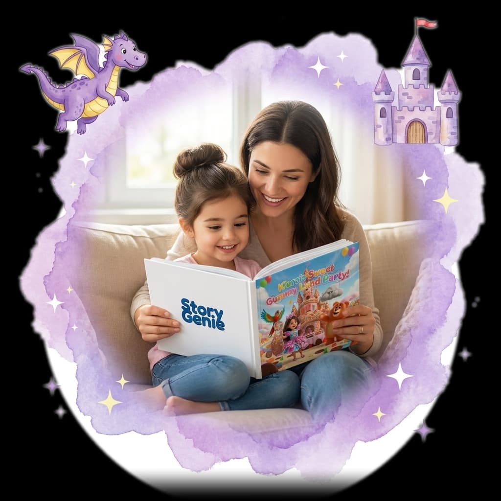 A mother and her young child curled up together on a sunlit couch, smiling as they read their personalized Story Genie hardcover, wrapped in a soft watercolor splash with a friendly dragon and castle