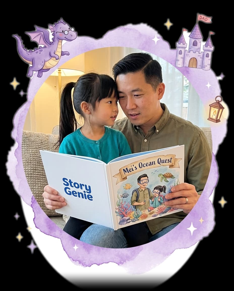 An East Asian dad and his daughter reading their personalized Story Genie book together