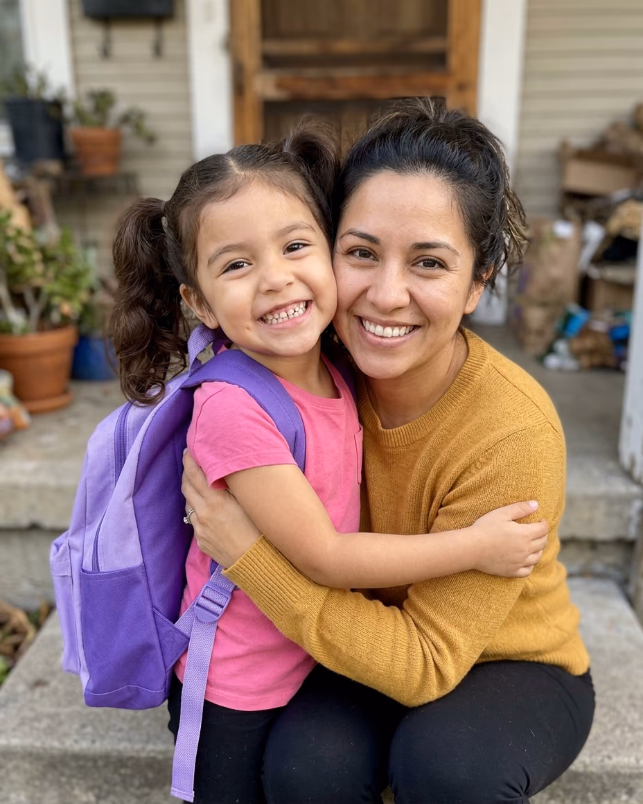A mom in a mustard sweater hugging her young daughter, who wears a pink t-shirt and a purple backpack, on their front steps