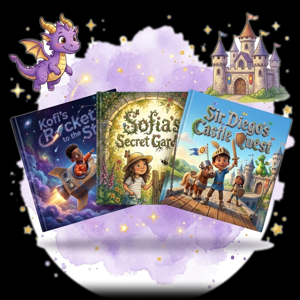 A fan of three real personalized Story Genie hardcover storybooks starring different children in different worlds, wrapped in a magical purple watercolor splash with a friendly dragon and castle