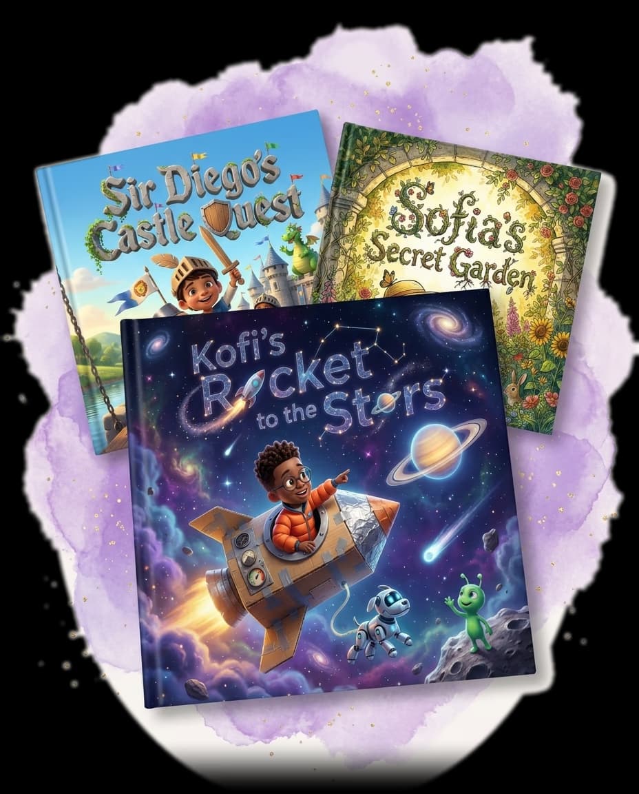 One large real personalized Story Genie hardcover storybook held forward with two more peeking behind it, wrapped in a soft magical purple watercolor splash