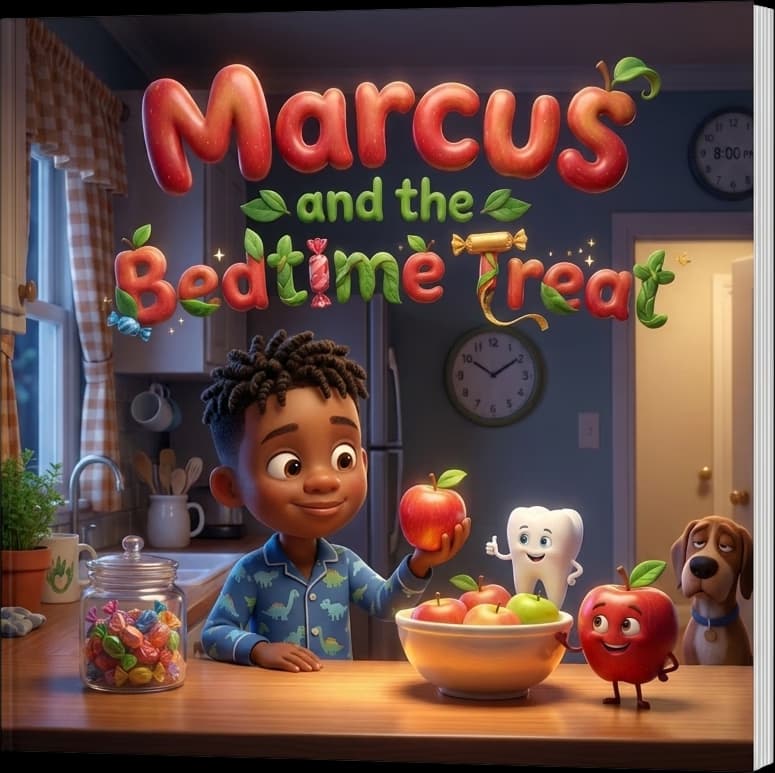 The personalized Story Genie hardcover 'Marcus and the Bedtime Treat', starring the boy from the photo