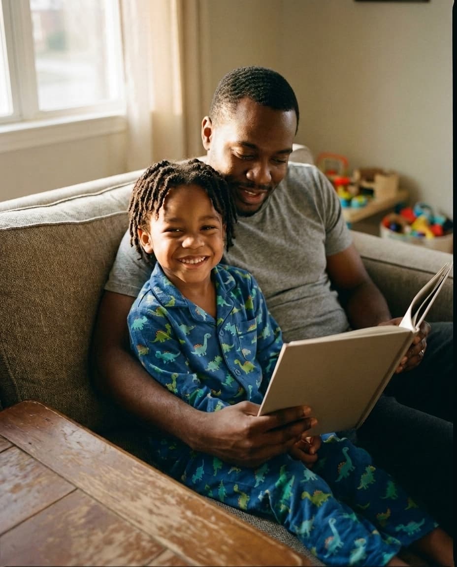 A dad and his young son in dinosaur pajamas reading together on the couch at home