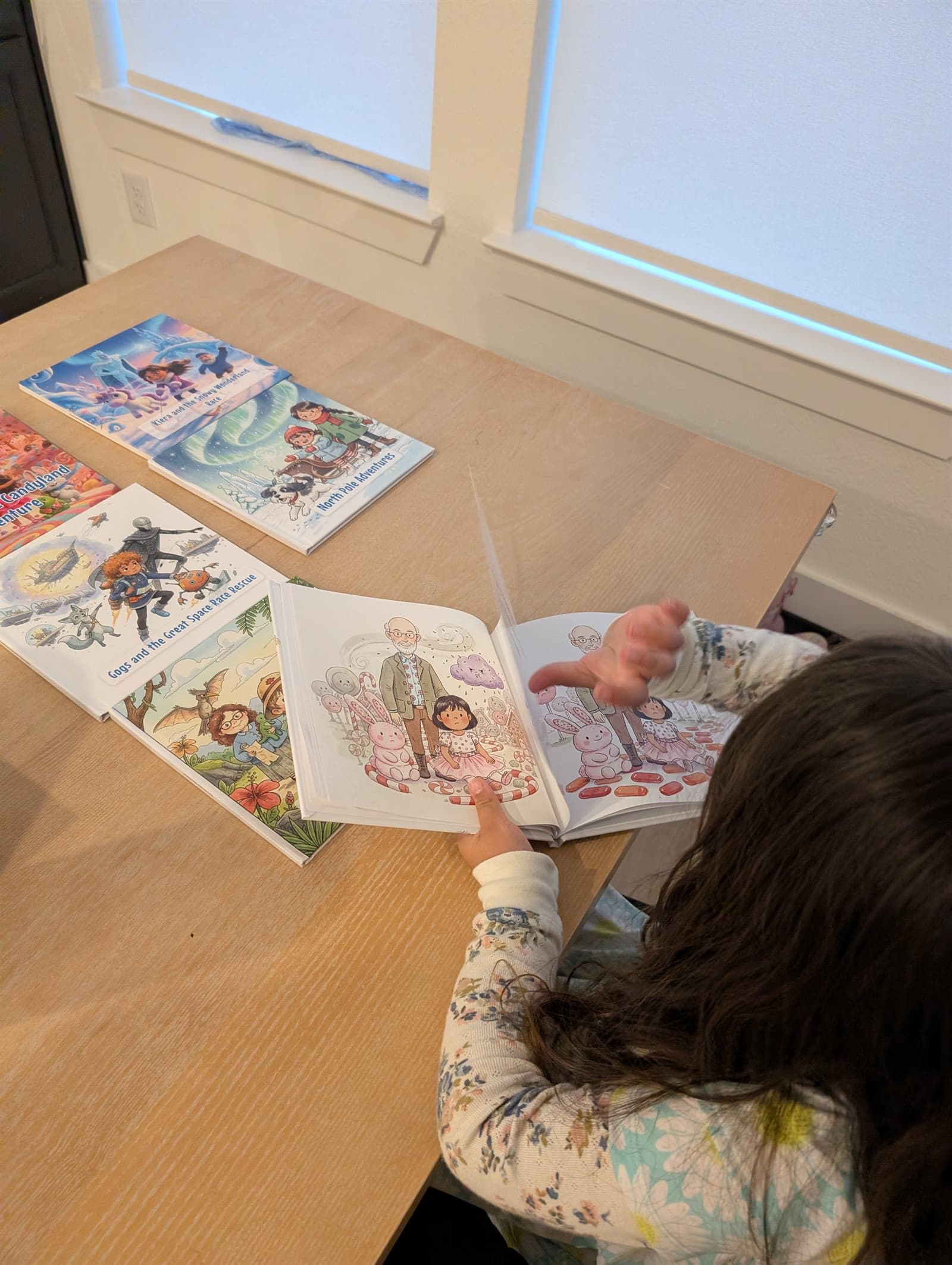 A child reads an open Story Genie book; three other personalized covers staged around the table