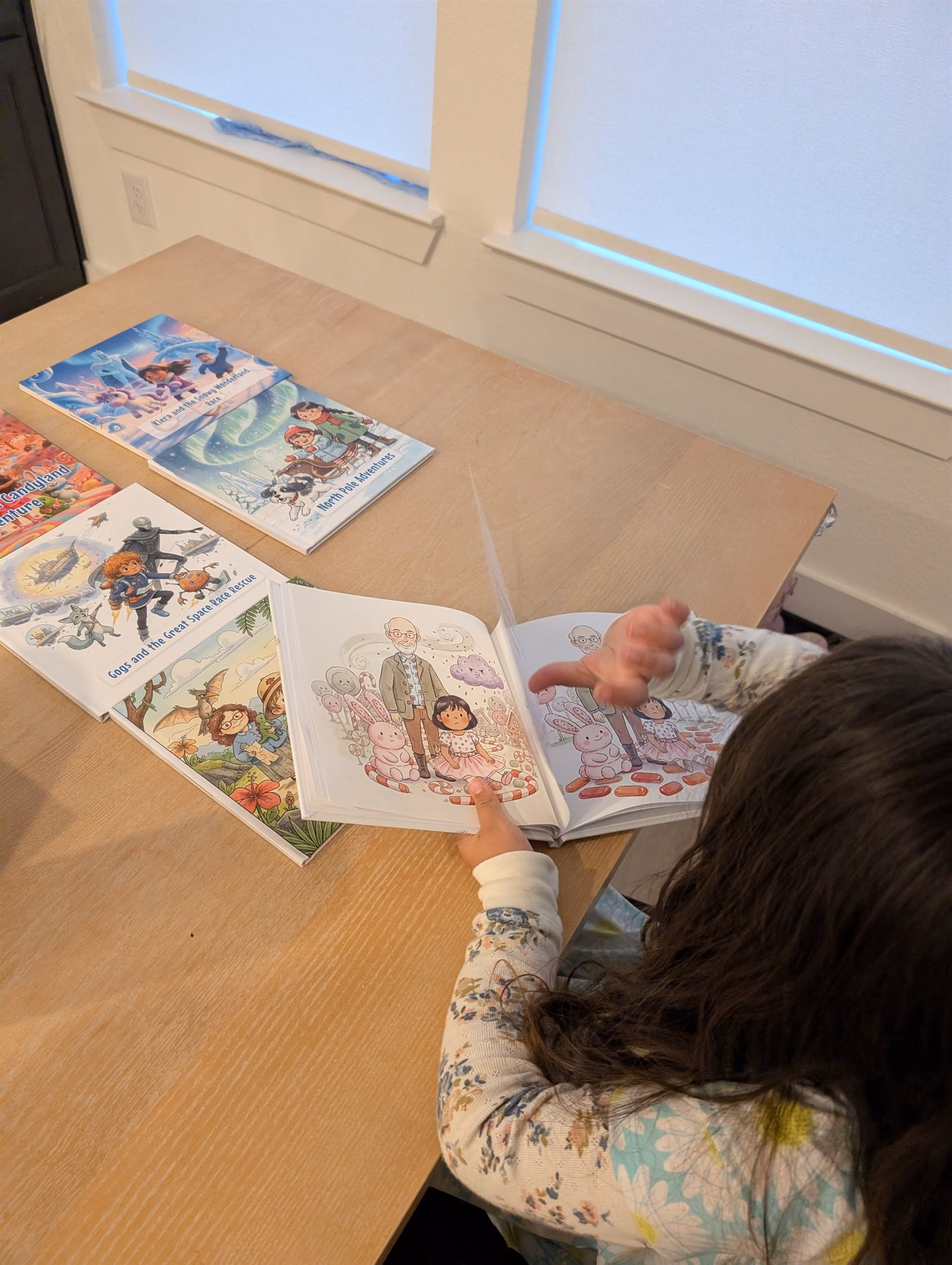 Open interior spread of a Story Genie book with full-page art
