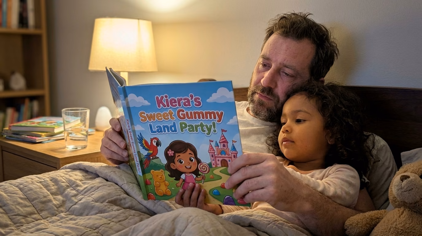 A dad reading the personalized Story Genie hardcover to his young child at bedtime in soft lamp light