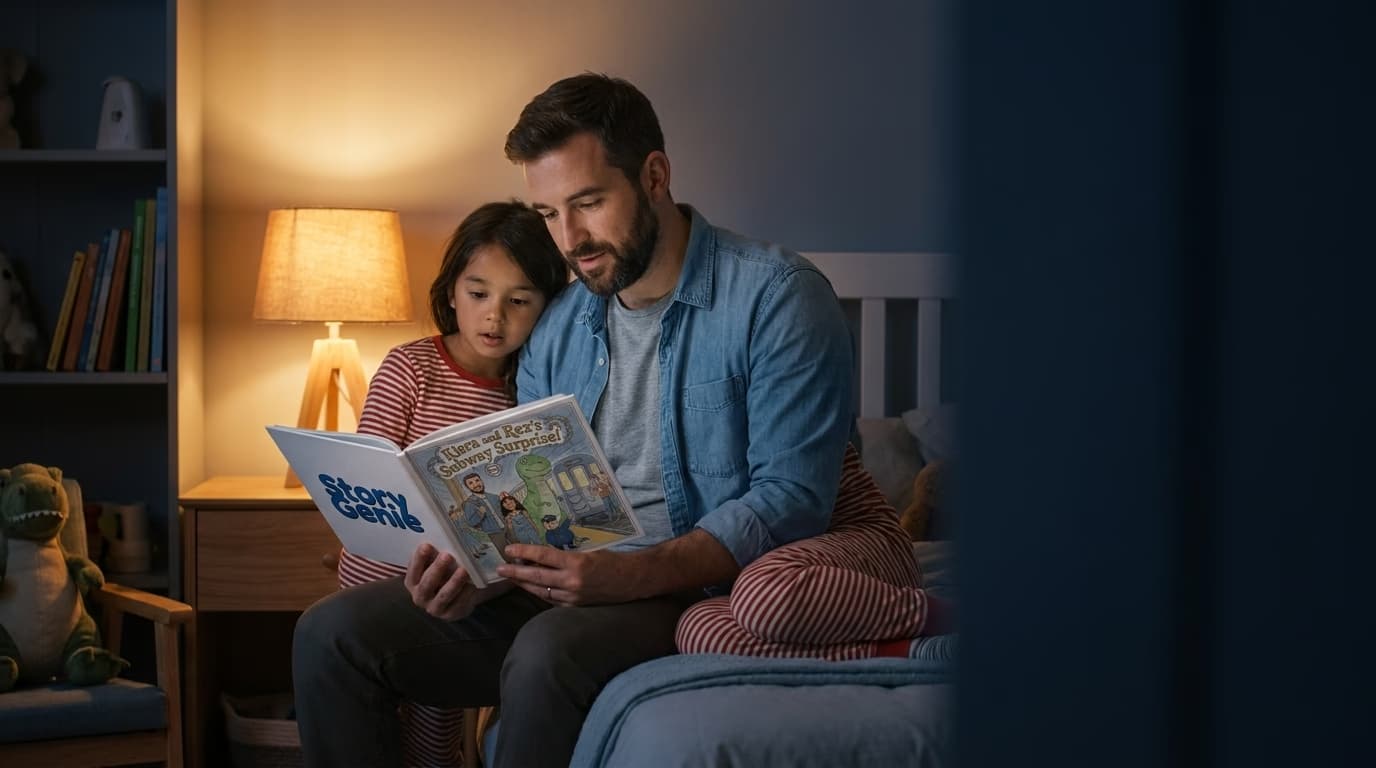 A dad reading the personalized Story Genie hardcover to his young child at bedtime in soft lamp light