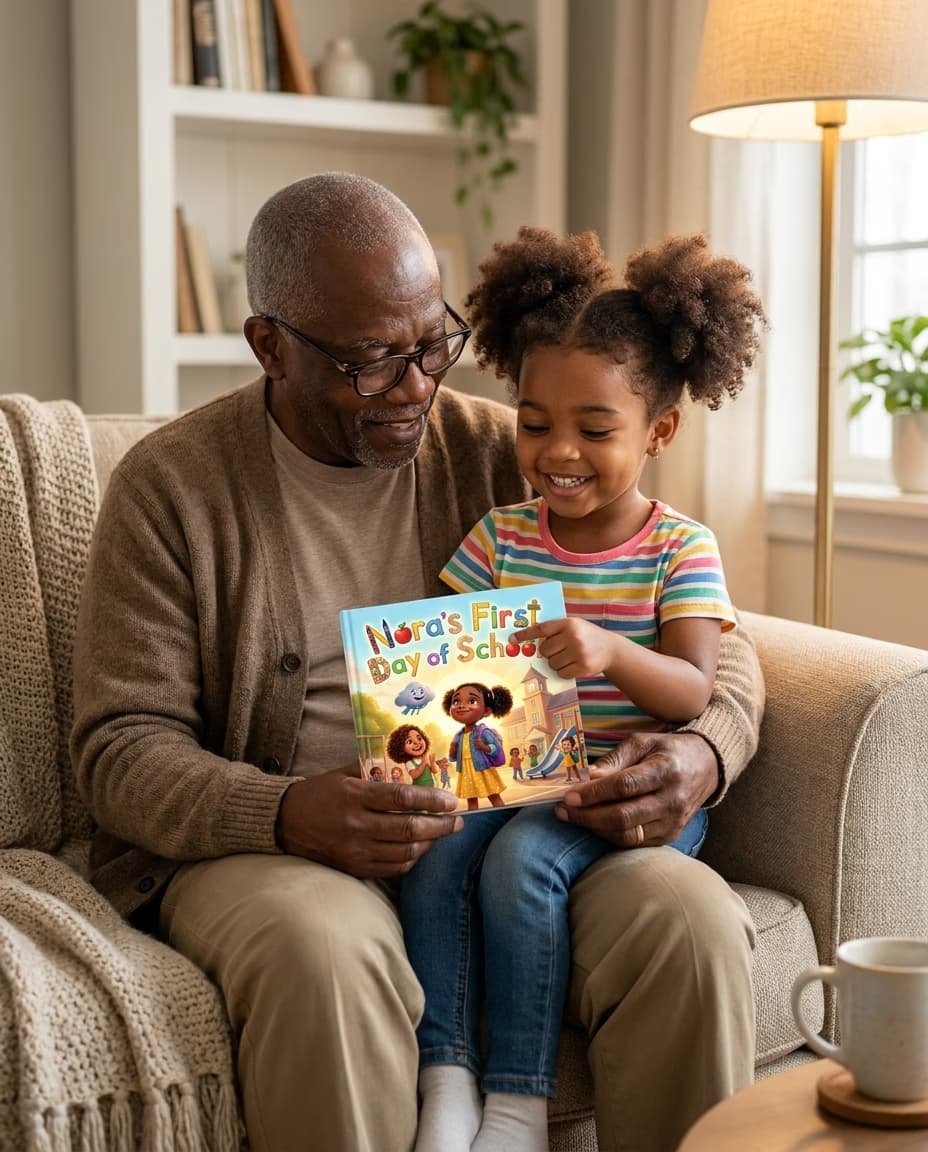 A grandfather and his granddaughter looking at her real personalized Story Genie hardcover, snuggled on a cozy couch