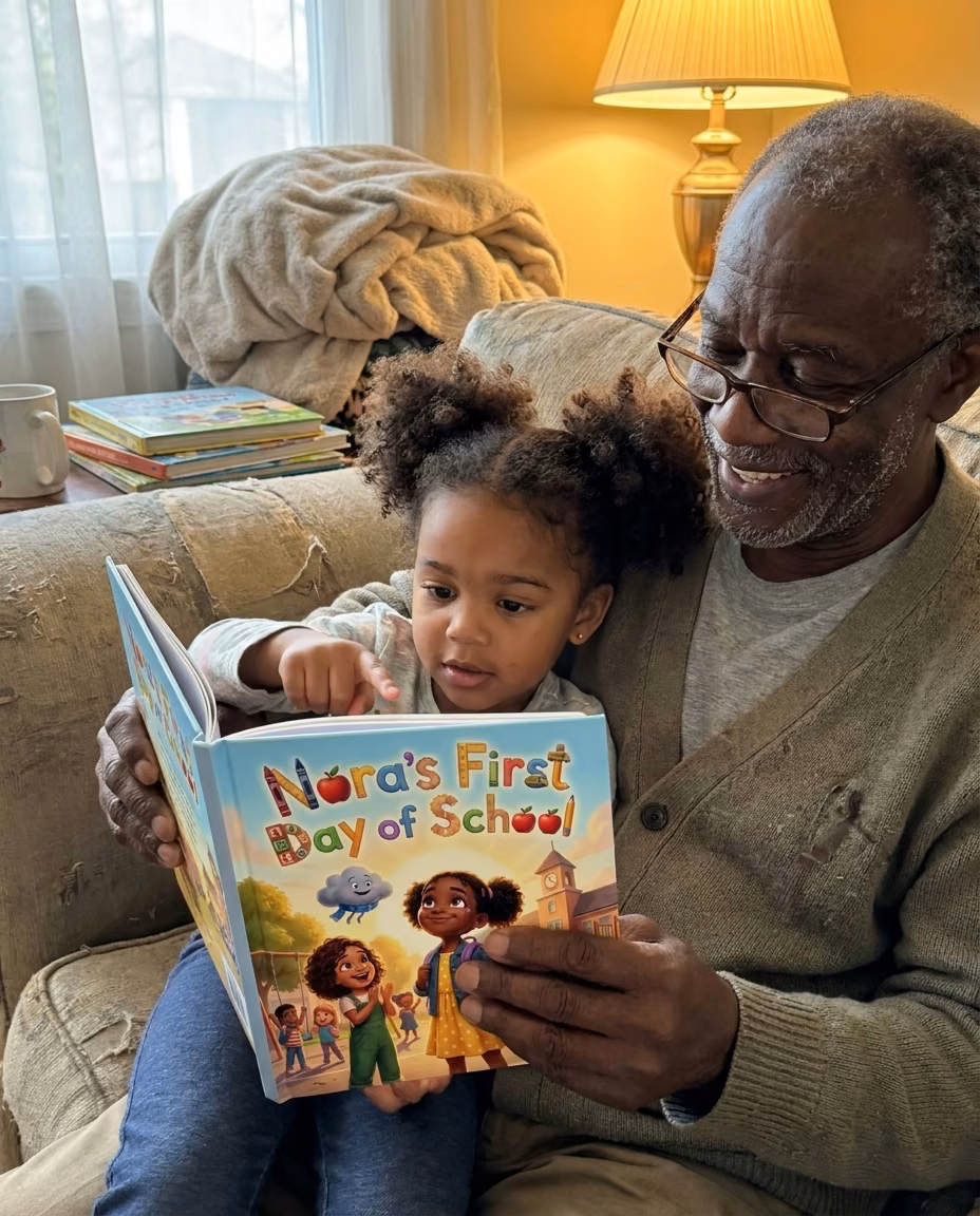 A grandfather and granddaughter looking at the finished Story Genie hardcover together on a couch