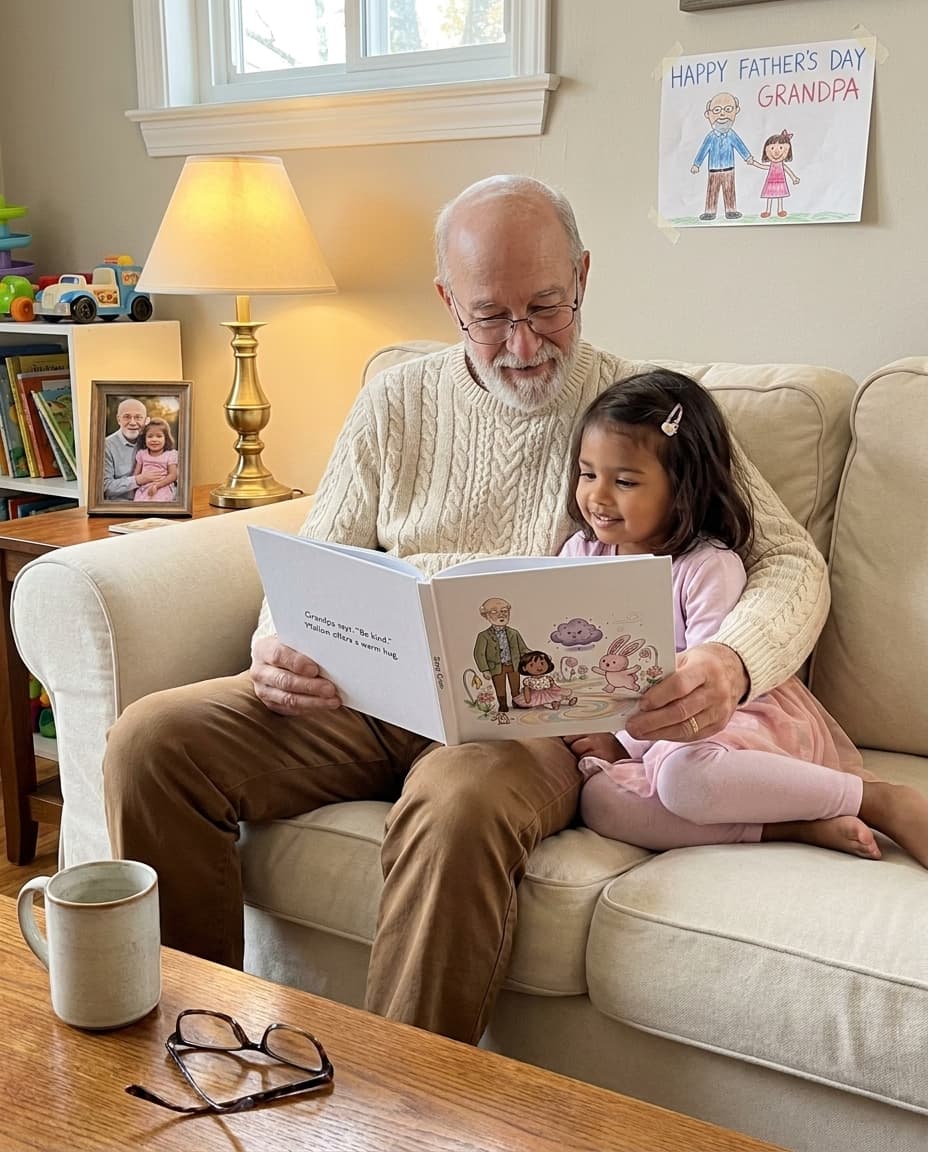 A grandfather and grandchild reading a personalized book on a couch
