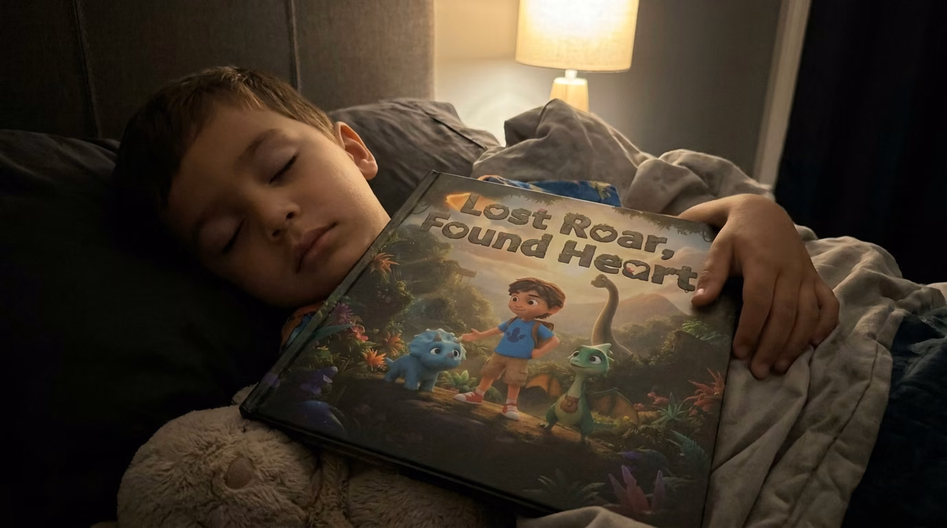 A young child asleep in bed at night with their personalized Story Genie hardcover lying open on their chest