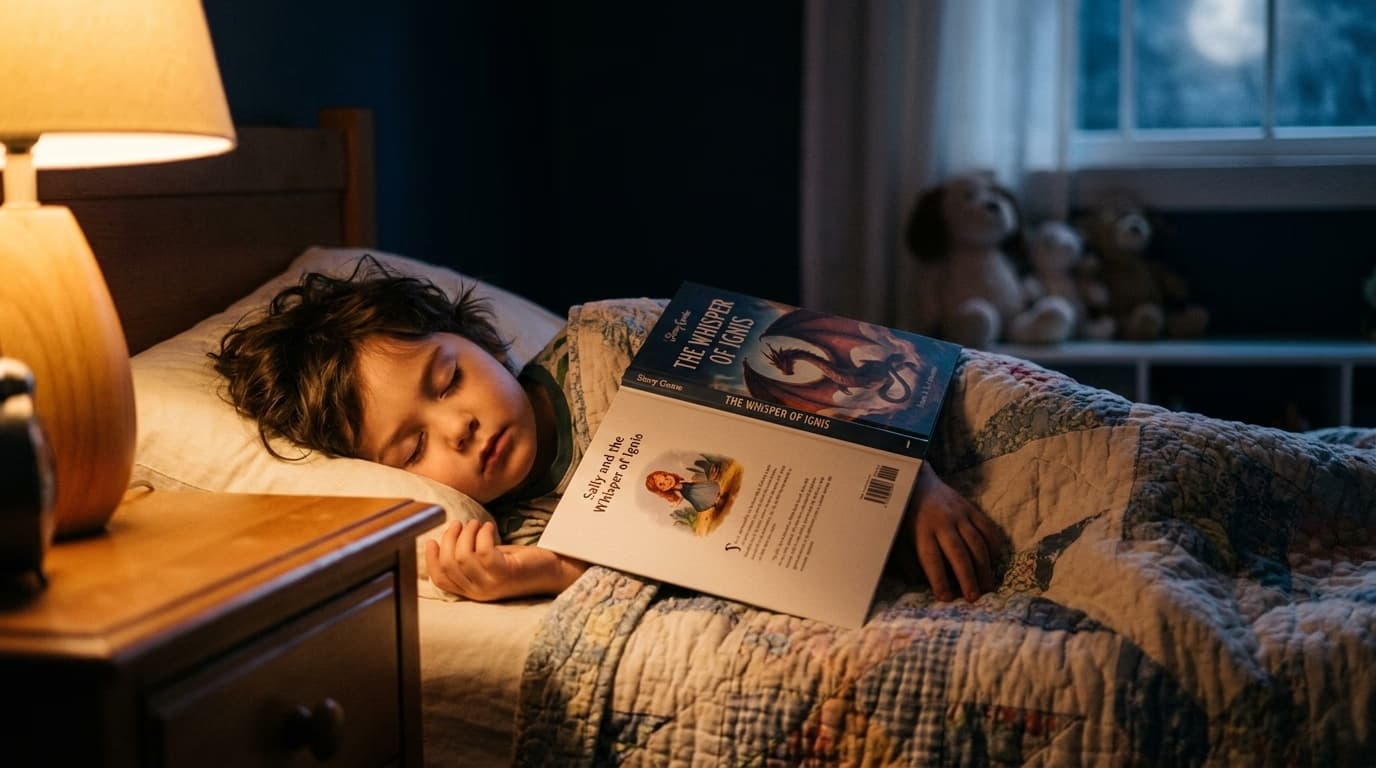 A young child asleep in bed at night with their personalized Story Genie hardcover lying open on their chest