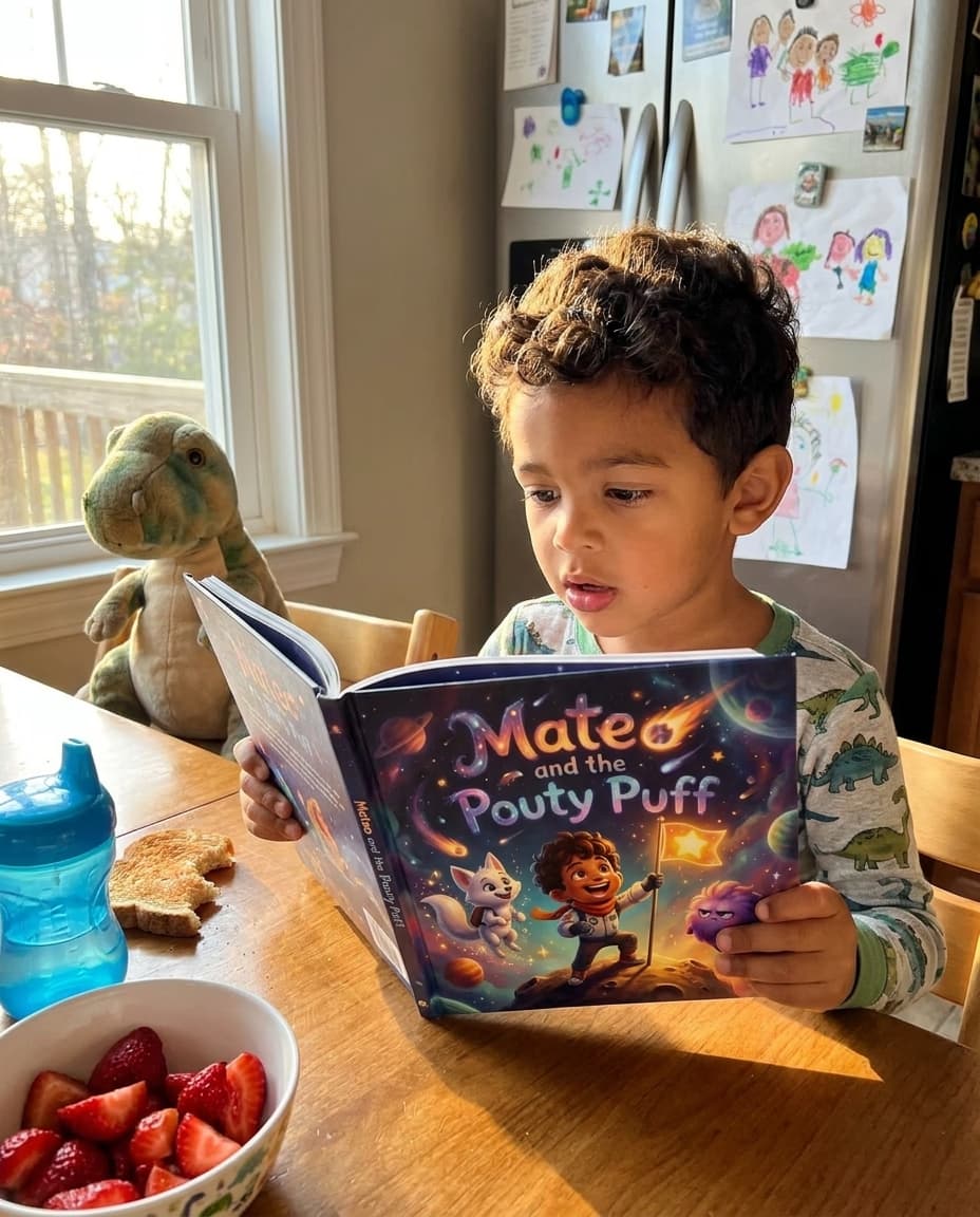 A young boy holding his real personalized Story Genie hardcover at a sunlit kitchen breakfast table