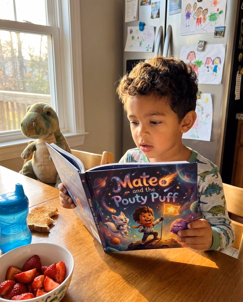 A young boy holding his real personalized Story Genie hardcover at a sunlit kitchen table