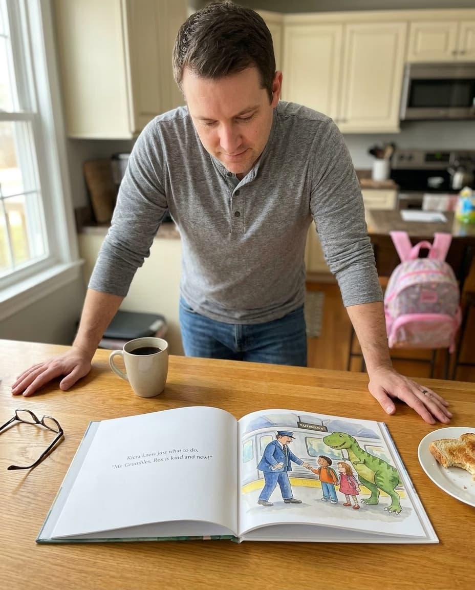 A child and parent looking at a Story Genie book together at a sunlit kitchen table