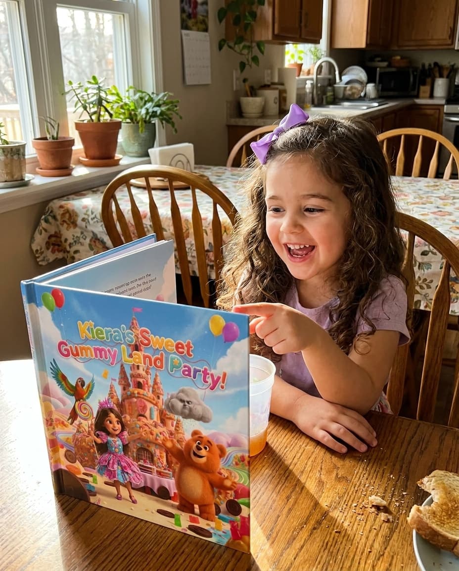 Child reacting to finding themselves in their Story Genie book