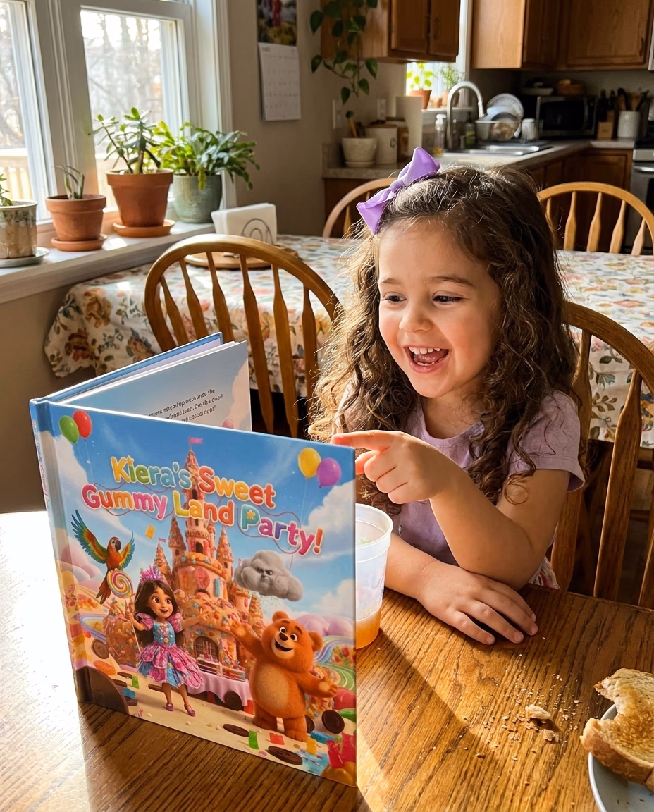 Child reacting to finding themselves in their Story Genie book