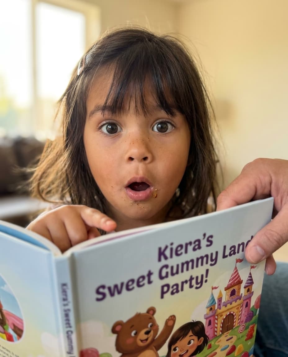 A child seeing themselves on the page of their personalized Story Genie book for the first time