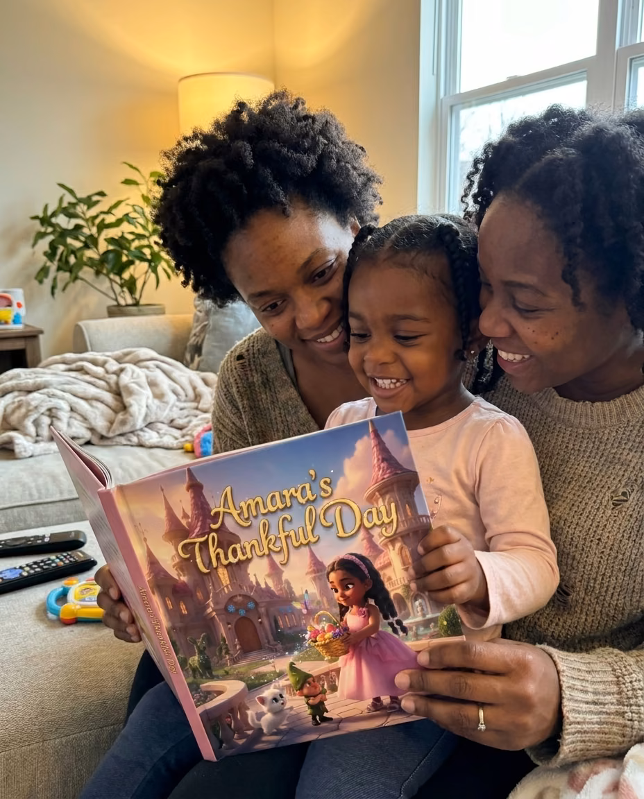 A mom watching her child's reaction as they open a personalized Story Genie hardcover