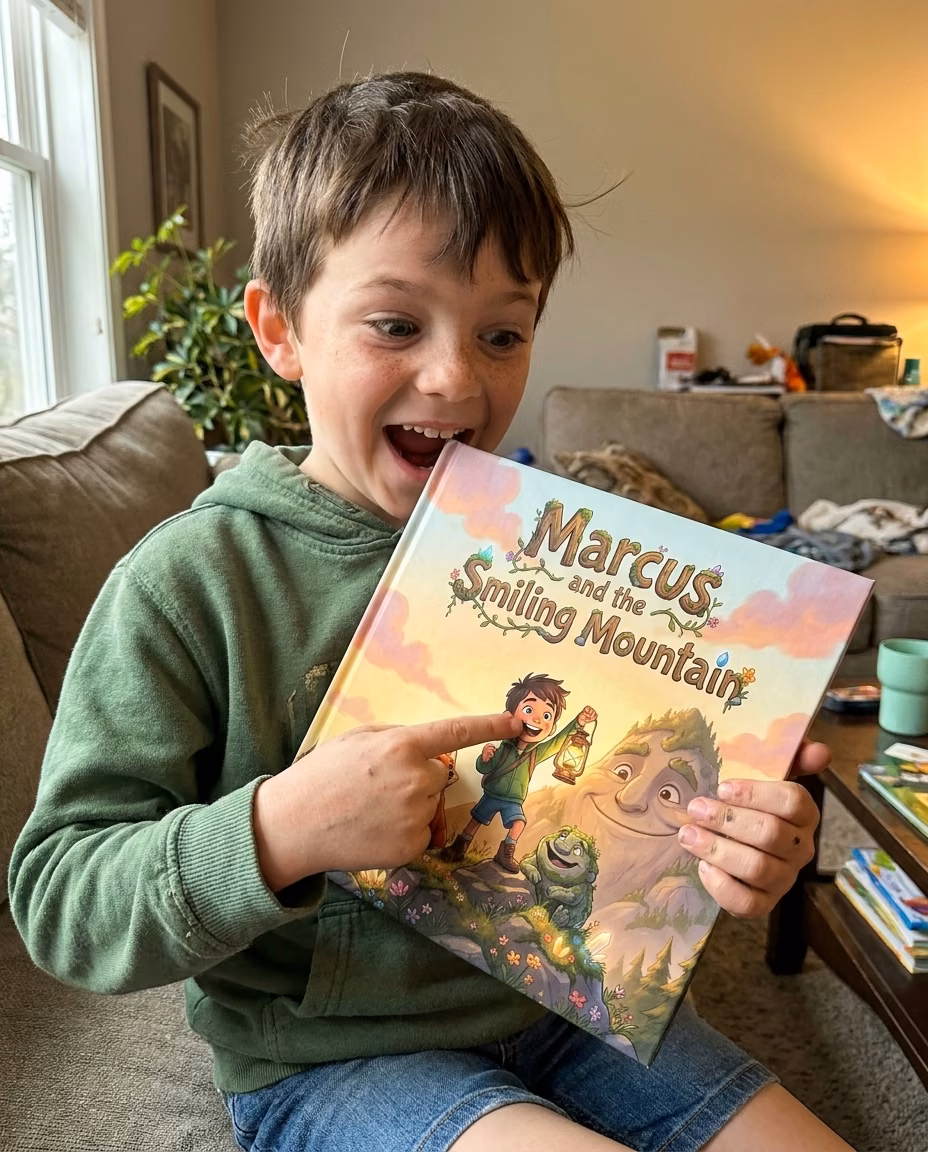 A child's first delighted look at seeing themselves on the page of their personalized Story Genie book