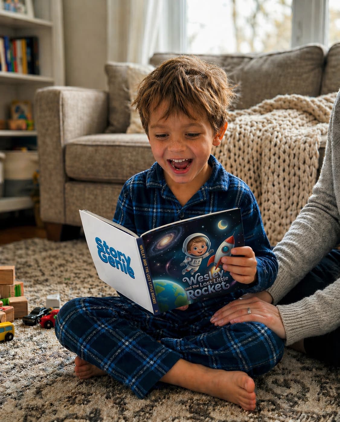 A child's first delighted look at seeing themselves on the page of their personalized Story Genie book