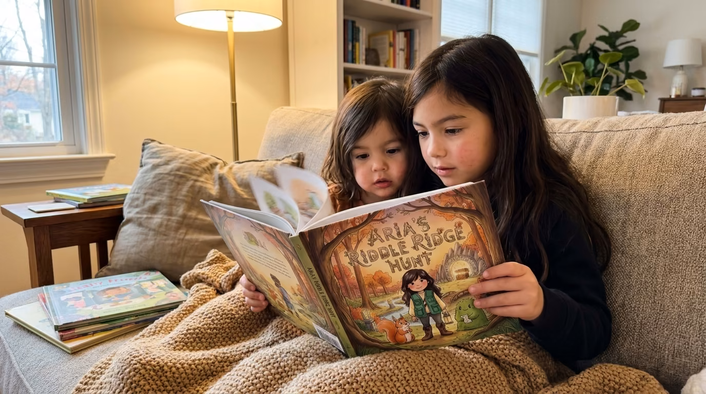 Two siblings reading their personalized Story Genie hardcover together on a cozy couch under a warm knit blanket