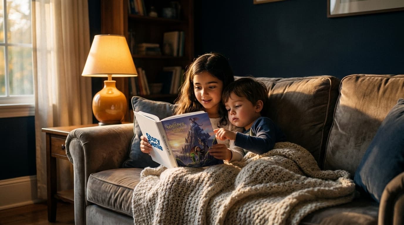 Two siblings reading their personalized Story Genie hardcover together on a cozy couch under a warm knit blanket